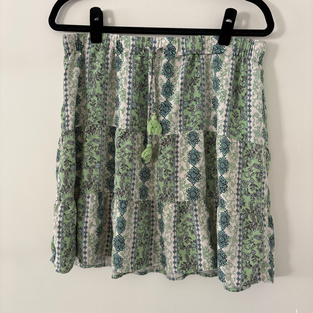 J.Jill Petite L Green‎ Floral Tiered Skirt Elastic Waist Boho Nature Casual Cute